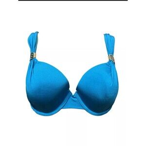 a.che Women’s Blue Double Strap Swimsuit Bikini Top Gold Accents Swimwear T8